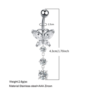 Silver stainless steel butterfly belly button ring with AAA cubic zirconia dangling pendants