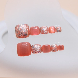 Korallenrosa Cat-Eye Kunstnägel für Zehen mit Glitzer und quadratischem Design