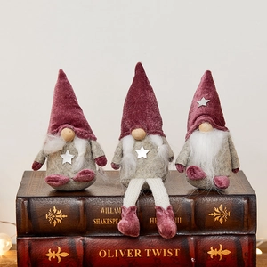 Three Christmas gnomes in grey felt and red velvet with silver stars for home holiday decor