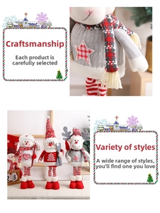 Detailed view of handmade Christmas plush dolls with plaid scarves and knitted textures