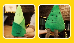 Creative plush pine tree and bamboo shoot dolls with smiling faces on a cozy bookshelf