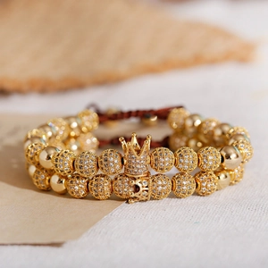 Men's crown beaded bracelet with gold zircon-studded beads and adjustable brown cord