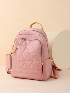 Mochila rosa de tela Oxford para mujer con remaches y costuras triangulares acolchadas