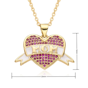 Detail of MOM heart pendant with pink crystals and white enamel ribbon showing 25mm width