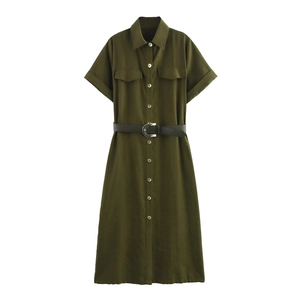 Army green short sleeve shirt dress with button-up front and black leather belt