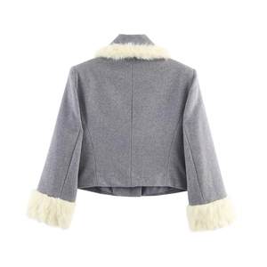 Short grey jacket and shorts set with off-white faux fur collar and cuffs on white background