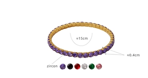 Detail of 18K gold-plated tennis bracelet showing 15cm length and zircon color options