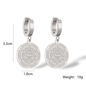Detail showing dimensions and weight of silver evil eye circular dangle earrings