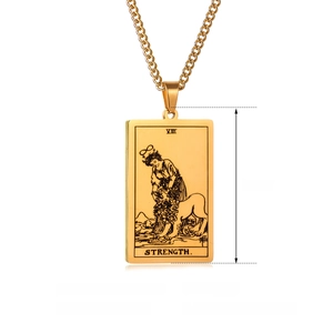 Golden stainless steel Strength Tarot pendant necklace with VIII Roman numeral design