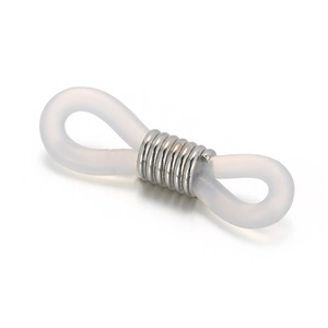 Non-slip silicone eyewear chain connector with silver metal coil on white background