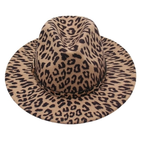 Top view of classic leopard print fedora hat with metal buckle detail and khaki base