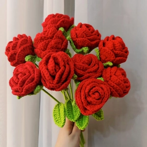 Handmade crochet red rose bouquet with green leaves for Mother's Day and romantic gifting