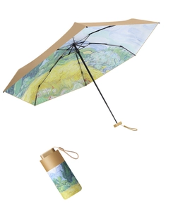 Detail of oil painting umbrella featuring Van Gogh art and compact folded design