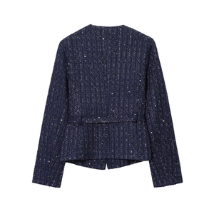 Detailansicht der Rückseite der dunkelblauen Tweedjacke mit Pailletten und Webmuster