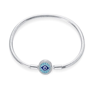 Macro view of silver snake chain bracelet featuring blue evil eye clasp and S925 engraving