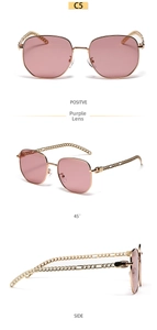 Rectangle sunglasses with gold metal chain temples and purple lenses from three angles