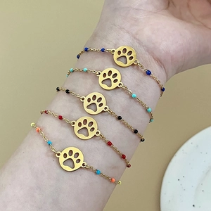 Bohemian Paw Print Charm Bracelet Stainless Steel Gold Plated Colorful Beads Adjustable Jewelry For Women