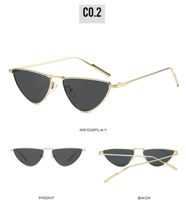 Three-angle view of gold metal cat-eye sunglasses showing front, back, and 45-degree detail