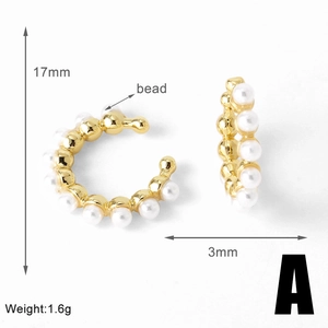 Detailed view of C-shaped 18k gold plated ear cuff with inlaid pearls, 17mm diameter