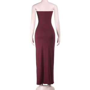 Back view of sexy burgundy strapless bodycon dress showing ruched details and elastic knit