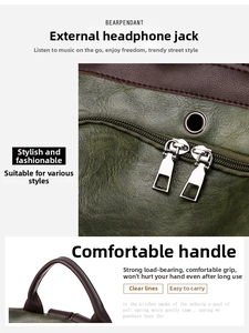 Detail of soft green PU leather backpack featuring metal earphone hole and dual zippers