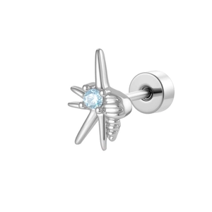 Silver bee cartilage stud earring with a blue zircon stone and flat back screw design