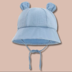 Detail of baby cotton bucket hat with cute 3D bear ears and adjustable chin strap
