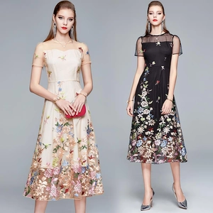 Women Elegant Floral Embroidery Midi Dress High Waist Slim Fit Mesh Patchwork Short Sleeve Cocktail Party Dress