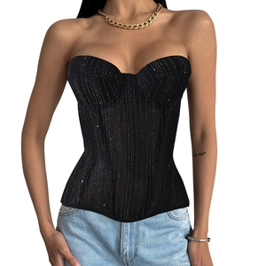 Slim fit black sequin corset top with backless design and fishbone structure for women