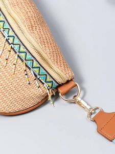 Bohemian straw chest bag for women with colorful tassels and geometric ethnic strap