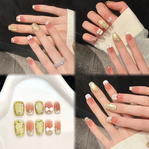 Handmade Press On Nails Pink Gradient Cat Eye With Three Dimensional Bow Floral Pattern And Gold Foil French Style