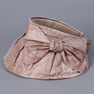 Detail of pink open top sun hat showing grey breathable mesh sweatband and bow texture