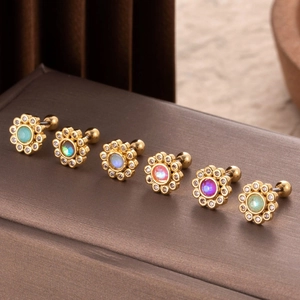Set of 6 gold stainless steel flower stud earrings with colorful stones and zircons