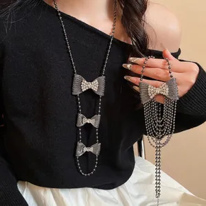 Bowknot Pendant Tassel Necklace Copper Metal Ball Chain Long Sweater Chain Rhinestone Elegant Dark Style Jewelry For Women