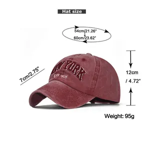 Size chart showing circumference, brim length, and height for the red New York cotton cap