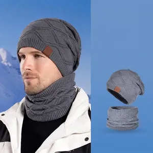 Winter thermal knit hat and scarf set with thick plush lining for men and women