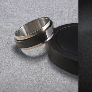 Nahaufnahme zeigt die silber-schwarze Textur des drehbaren Anti-Angst-Rings aus Edelstahl