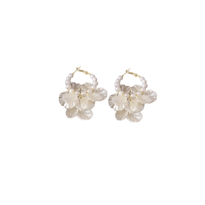 Elegant French style gold hoop earrings with white pearls and flower petal pendants