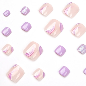Purple glitter nail art press-on toenails set with silver sparkle and swirl line designs
