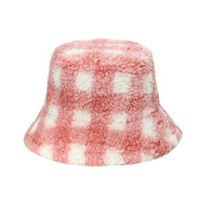 Pink and white plaid lamb wool bucket hat for women in a retro autumn winter style