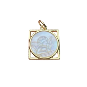 Golden square pendant with white mother-of-pearl inlay featuring a carved angel motif