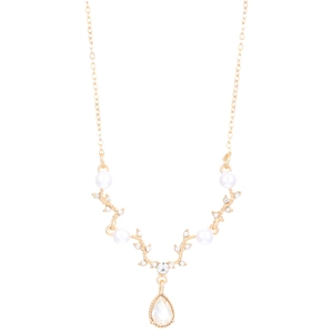 Elegante collana a foglie d'oro con perle bianche, zirconi e pendente a goccia d'acqua