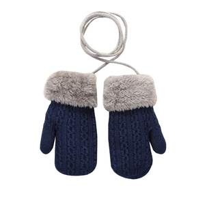 Winter double-layer knitted toddler mittens with grey plush cuffs and hanging string