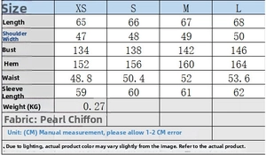 Detailed size chart for the bow-decorated layered shirt in pearl chiffon fabric