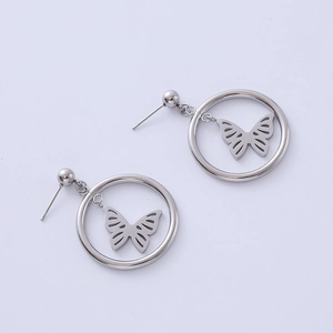 Polished stainless steel round hoop earrings with hollow butterfly charms for women