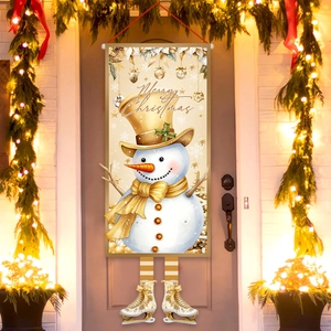 Christmas Hanging Door Banner Gold White Snowman Pattern Polyester Flag With Wooden Rod For Outdoor Indoor Holiday Decor