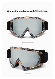 Ski goggles with orange pattern frame and silver mirror lens shown from front and side