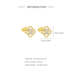 Detailed view of gold S925 sterling silver four-leaf clover stud earrings with 5A zircons