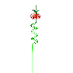 Reusable green spiral plastic straw featuring a glittery cherry decoration for kids