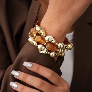 Geometric Irregular Beaded Bracelet Acrylic And Stainless Steel Retro Ethnic Style Fashionable Jewelry For Women